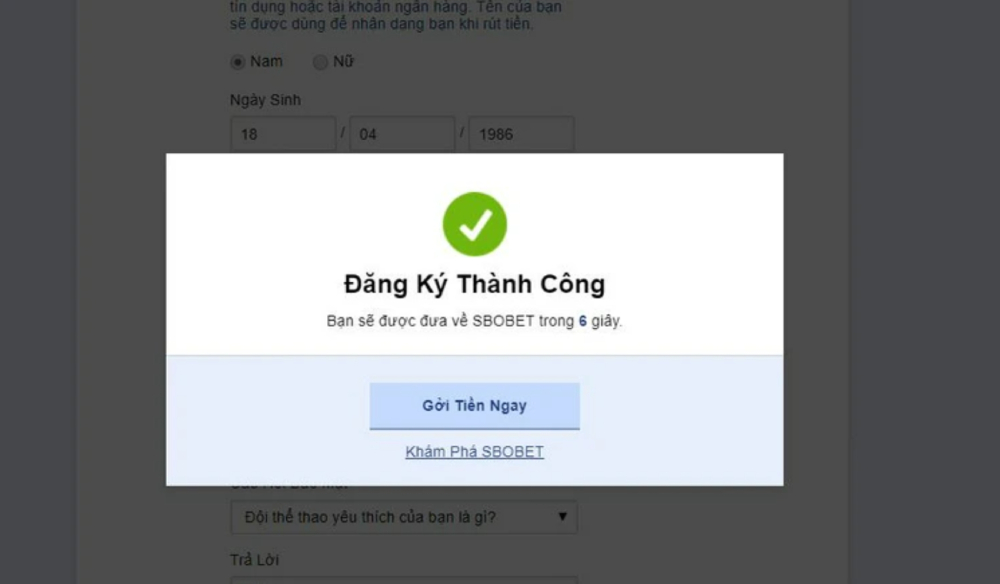 Đăng ký Sbobet - Quy trình đơn giản - Nhận ngay 99k thưởng tân thủ 1 Sau khi nhập mã OTP, quá trình đăng ký đã thành công